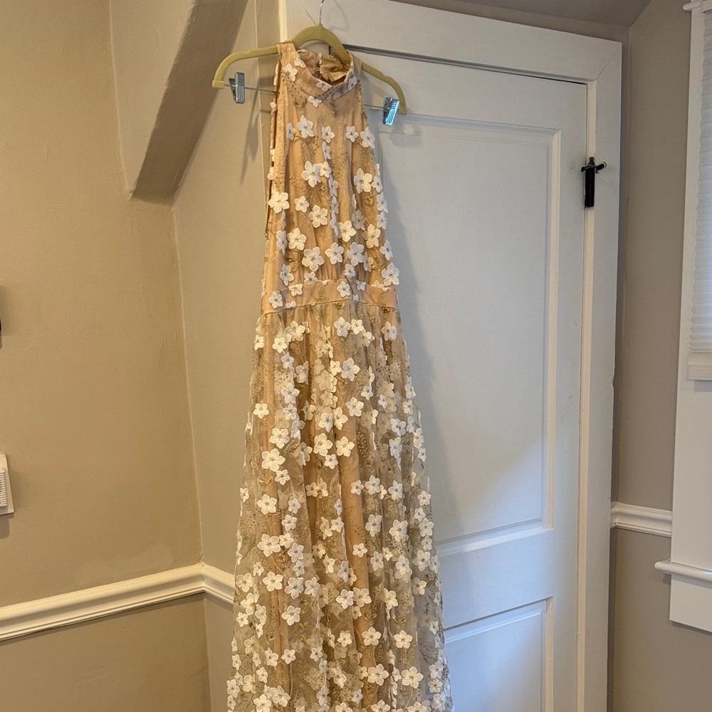 Halter Floral Lace Tan and White Dress